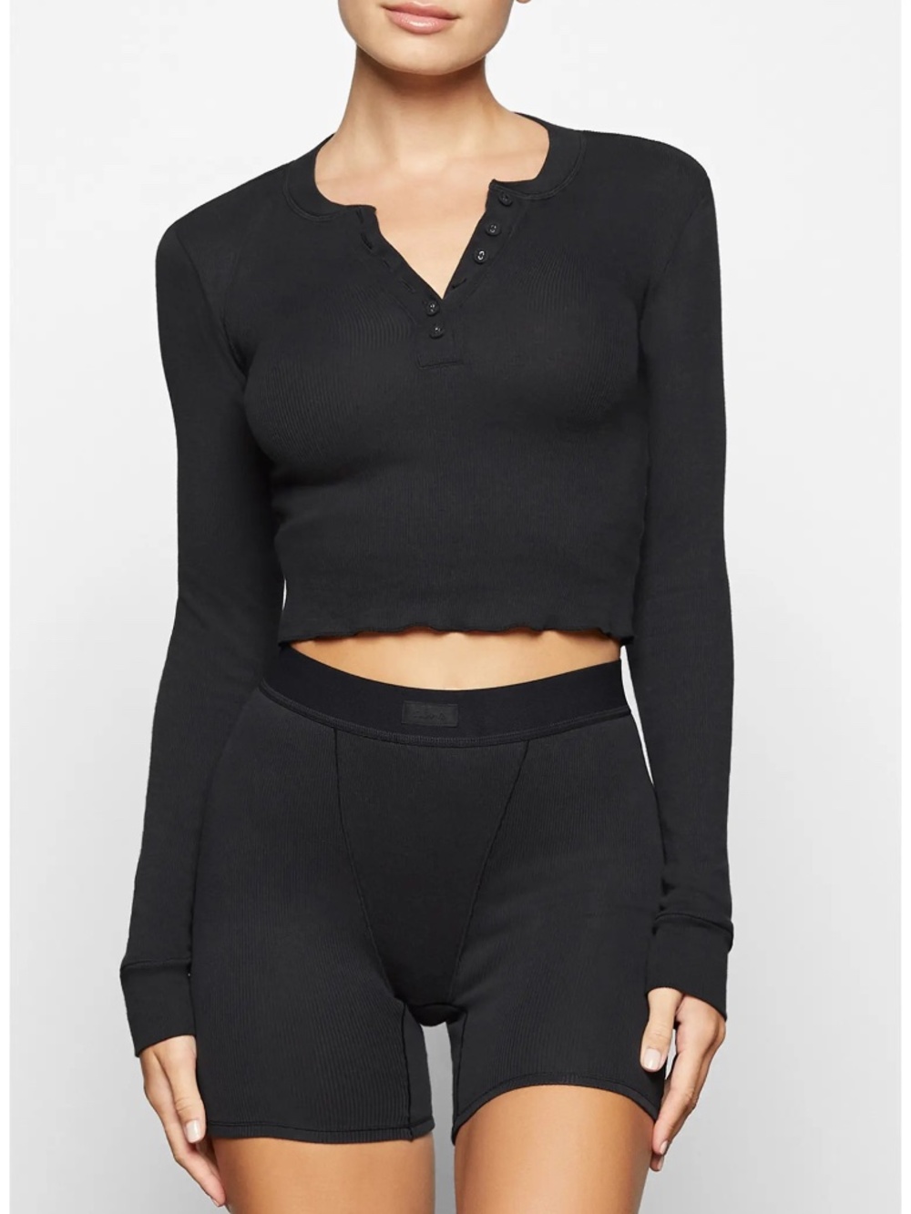 Skims Long Sleeve Crop Stretch Cotton Rib Henley - XL